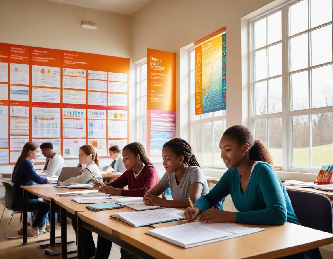 A dynamic classroom scene where diverse students engage with vibrant insurance policy books intertwined with language learning materials, surrounded by digital devices like tablets and laptops displaying study resources. The atmosphere is inspiring, with a bright window letting in sunlight and posters of educational concepts on the walls. Incorporate elements such as charts connecting language proficiency with insurance understanding. super-realistic. vibrant colors. harmonious composition.