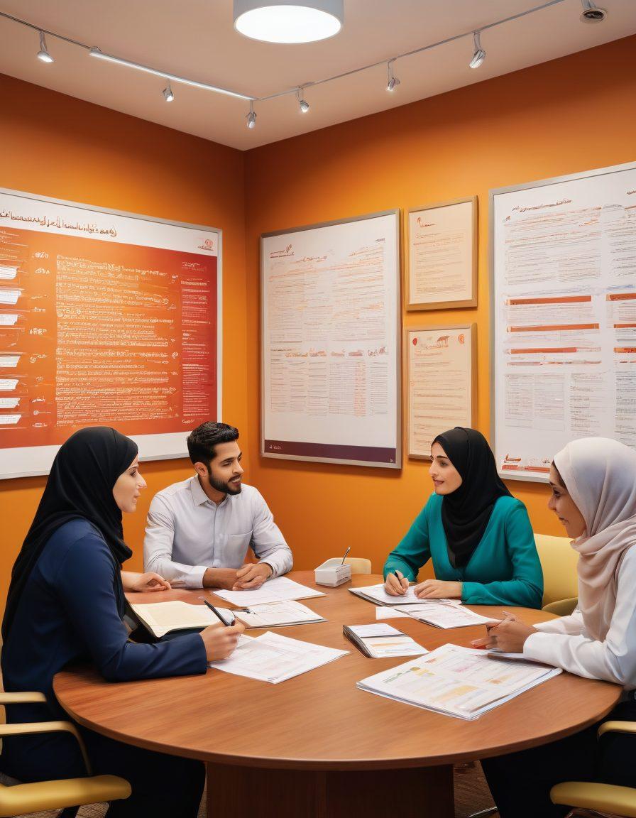 A diverse group of Arabic language learners engaged in a lively discussion around a table filled with insurance documents, charts, and risk management tools. Include visual elements such as Arabic calligraphy and symbols representing different types of coverage. Showcase a background of a modern office setting with posters about insurance concepts. Warm, inviting colors to create an atmosphere of learning and collaboration. super-realistic. vibrant colors. warm lighting.